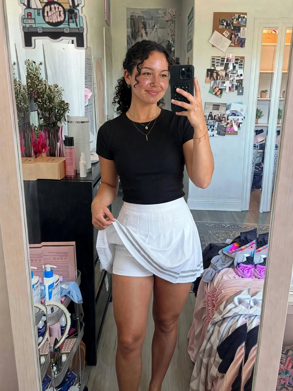 White Pleated Mini Skirt with Grey Stripe Build In Shorts